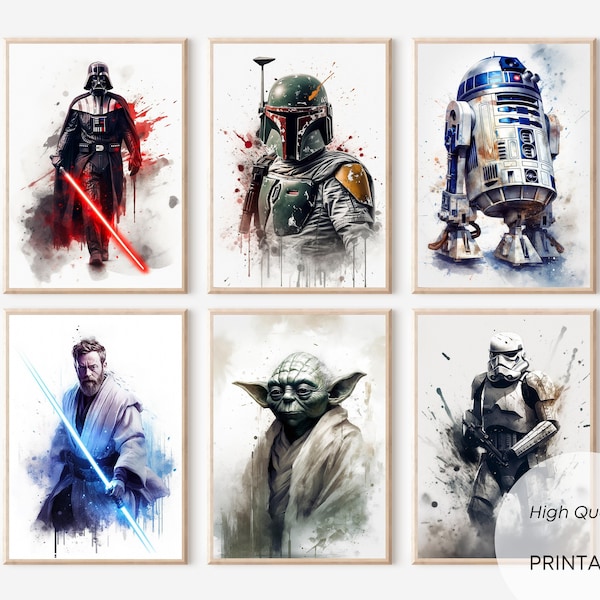 Set van 6 Star Wars Jedi aquarel poster Darth Vader Obi Wan Kenobi Yoda R2D2 Boba Fett Star Wars cadeau kinderkamer wanddecoratie