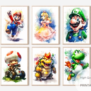 6 Super Mario-Aquarellillustrationen, Kinderzimmer oder Geschenk, Wanddekorationsposter, sofortiger digitaler Download