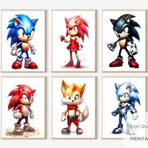 6 ilustraciones en acuarela de Sonic Hedgehog, habitación infantil o regalo, cartel de decoración de pared, descarga digital instantánea