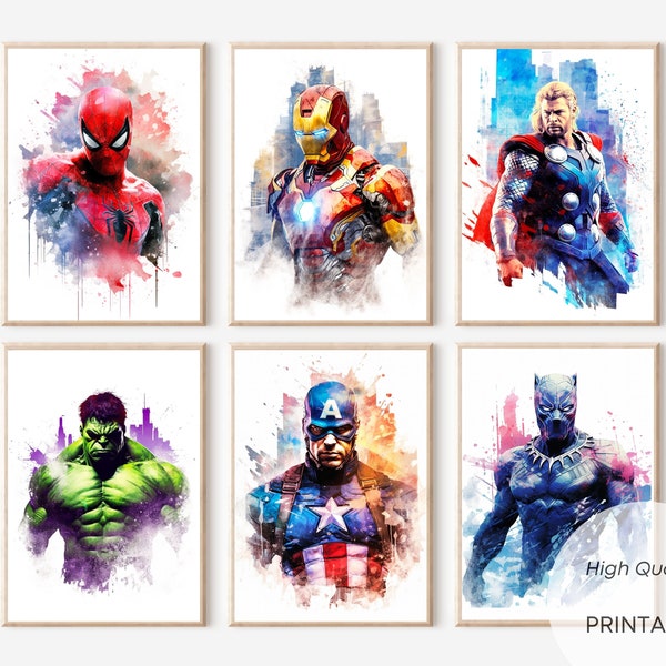 Superhero Set of 6 Spiderman Poster Watercolor Marvel Gift Printable Art Gallery Wall Digital Download