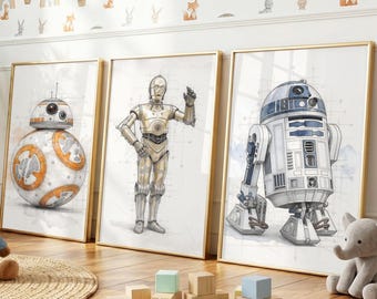 Star Wars Droid Prints Set of 3, R2-D2 C-3PO BB-8 Wall Art, Baby Boy Nursery Decor (Digital Download)
