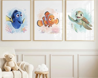Set of 3 Nemo Poster, Dory Print, Crush Turtle Watercolor Wall Art, Sea Turtle Nursery Decor, Under the Sea Printable (Digital Download)