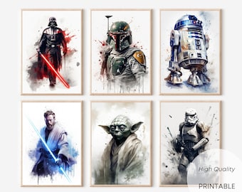 Set van 6 Star Wars Jedi aquarel poster Darth Vader Obi Wan Kenobi Yoda R2D2 Boba Fett Star Wars cadeau kinderkamer wanddecoratie