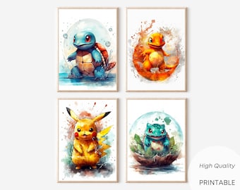 Lot de 4 Illustrations Aquarelles Pokemon, Pikachu, Carapuce, Salamèche, Bulbizarre, Chambre d'Enfant ou Cadeau, Poster Décoration Murale