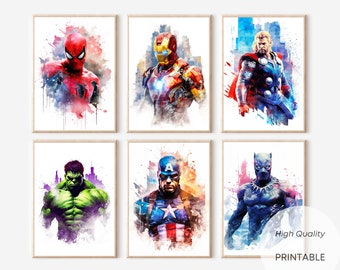 6 Superheros Poster Spiderman Marvel Poster Aquarelle Superhero Cadeau Marvel Chambre d'Enfant Décoration Murale