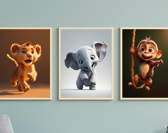 Lot 3 Affiches bébé singe éléphant et lion pour décoration chambre de bébé ou d’enfant - cadeau de naissance