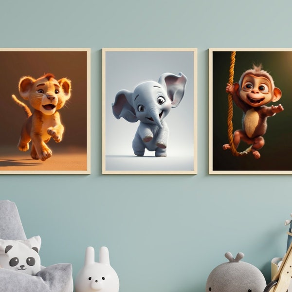 Set of 3 baby monkey elephant and lion posters to decorate a baby or child's room - birth gift