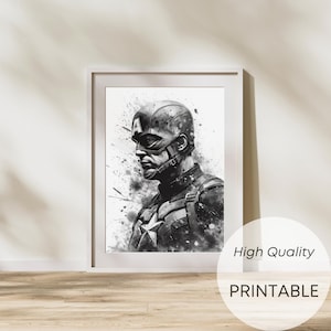Schwarz-weiße Aquarell-Illustration Marvel Superhelden, Poster Wanddekoration, sofortiger digitaler Download
