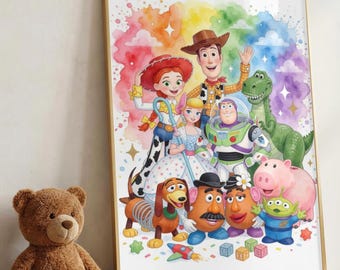 Toy Story Watercolor Poster, Woody Buzz Jessie Nursery Print, Rainbow Toy Story Room Decor, Printable Kids Wall Art (Digital Download)