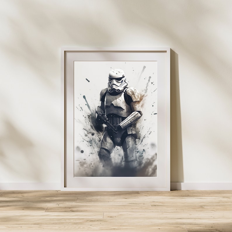May include: A black and white illustration of a Stormtrooper from Star Wars standing in a cloud of white and gray paint splatters.