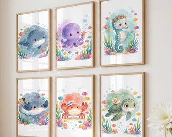 Set of 6 Ocean Animal Wall Art, Whale Octopus Turtle Crab Seahorse Stingray Prints, Under The Sea Nursery Decor (Digital Download)