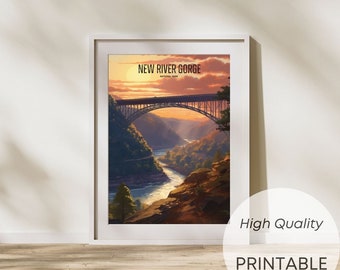 New River Gorge Illustrations Paintings, Digital Poster, Digital Print, Aquarel, National park poster