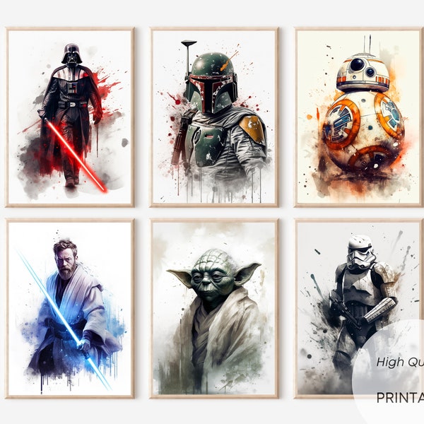 Star Wars Set of 6 Watercolor Jedi Print Star Wars Gift Obi Wan Kenobi Stormtrooper BB-8 Printable Art Gallery Wall Digital Download