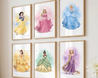 Set of 13 Princess Wall Art, Watercolor Princess Prints, Digital Nursery Decor, Girls Room Wall Art, Printable Princess (Digital Download)