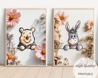 Set Of 4 Winnie The Pooh Nursery Wall Art Prints Floral Decor Piglet Tigger Eeyore Boys Girls Room Decorations Instant Download