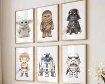 Set of 6 Star Wars Nursery Prints, Star Wars Wall Art, Baby Boy Nursery Decor, Watercolor Kids Room Printable (Digital Download)