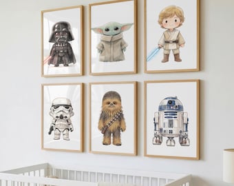 Star Wars Poster Set of 6, Baby Yoda, Darth Vader, Luke, R2D2, Chewbacca, Stormtrooper Print, Star Wars Nursery Wall Art (Digital Download)