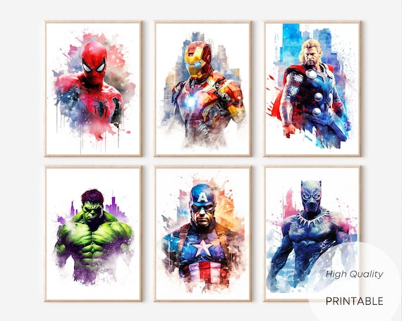 Superhero Set of 6 Spiderman Poster Watercolor Marvel Gift Printable Art Gallery Wall Digital Download