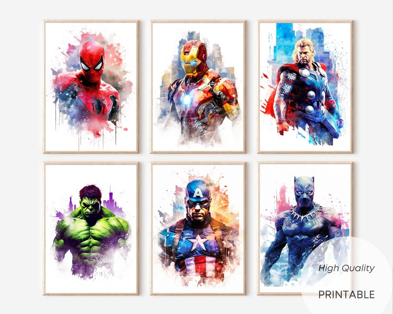 6 Superheros Poster Spiderman Marvel Poster Aquarelle Superhero Cadeau Marvel Chambre d'Enfant Décoration Murale image 1