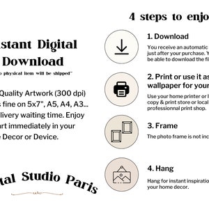 May include: A digital download graphic with the text "Instant Digital Download" and "4 steps to enjoy!" with icons for downloading, printing, framing, and hanging. The text also says "no physical item will be shipped".