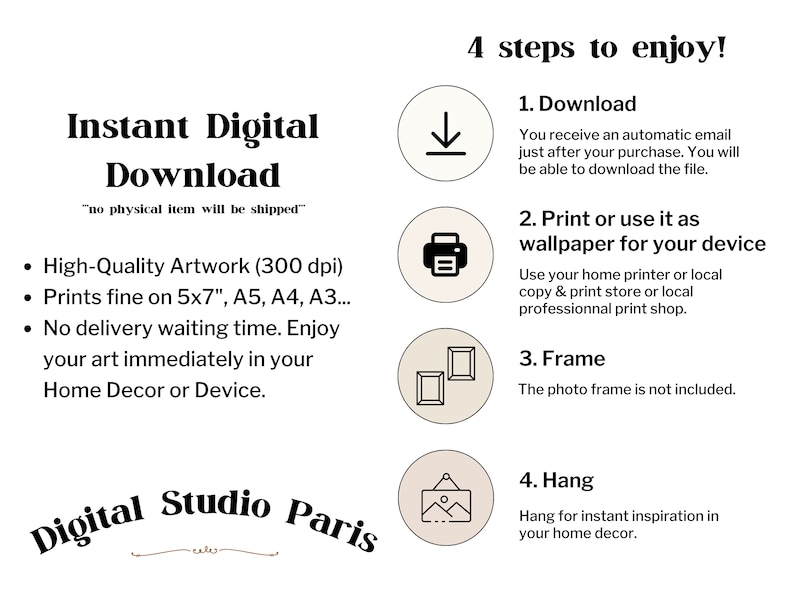 May include: A digital download graphic with the text "Instant Digital Download" and "4 steps to enjoy!" with icons for downloading, printing, framing, and hanging. The text also says "no physical item will be shipped".