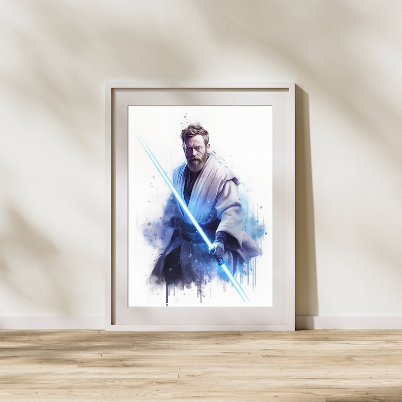 May include: A watercolor painting of a Jedi Knight wielding a blue lightsaber. The figure is depicted in a white robe with a beard and a determined expression.