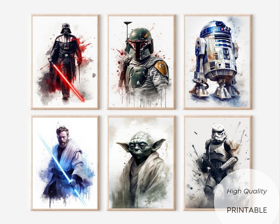 Star Wars Set of 6- Printable Wall Art- Darth Vader Poster- Obi Wan Kenobi Print- Yoda Watercolor Art- Star Wars Gift- Digital Download