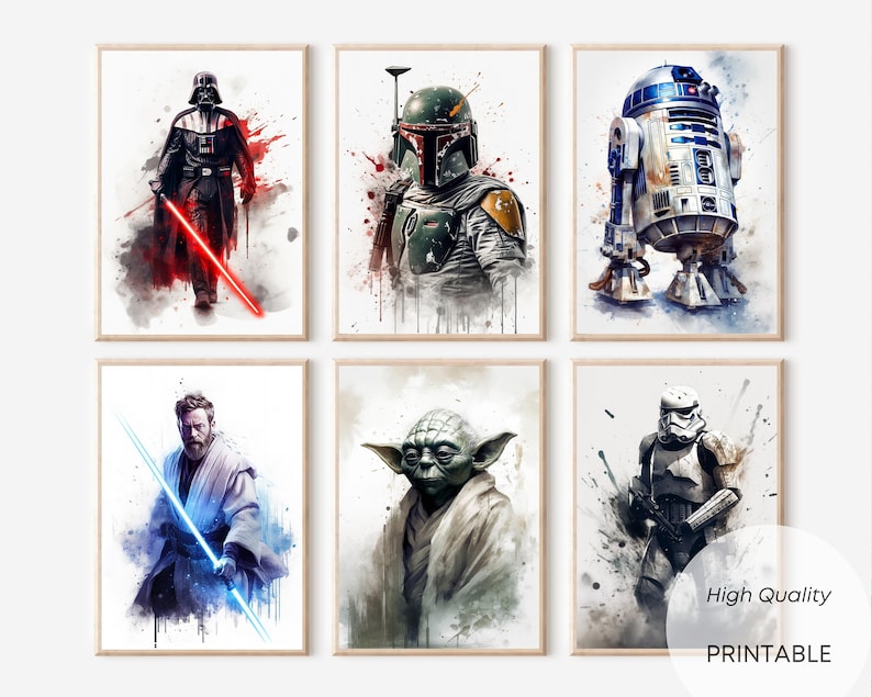 May include: A set of six printable Star Wars character illustrations. Each illustration features a different character from the Star Wars universe, including Darth Vader, Boba Fett, R2-D2, Obi-Wan Kenobi, Yoda, and a Stormtrooper. The illustrations are done in a watercolor style with splashes of color.