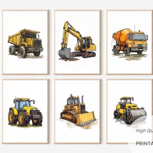 Construction Vehicles, Set of 6, Boys Room Wall Art, Construction Decor, Toddler Room Decor, Truck Prints, Instant Download