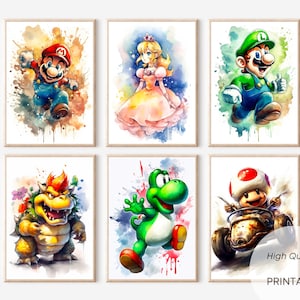 9 Ilustraciones en Acuarela de Super Mario, Habitación Infantil o Regalo, Póster Decoración de Pared, Descarga Digital Instantánea