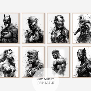 Puede incluir: Ocho impresiones artísticas de superhéroes en blanco y negro enmarcadas. Las impresiones presentan a Batman, Spider-Man, Iron Man, Thor, Wonder Woman, Capitán América, Hulk y Pantera Negra. El texto "High Quality PRINTABLE" está en el centro inferior.