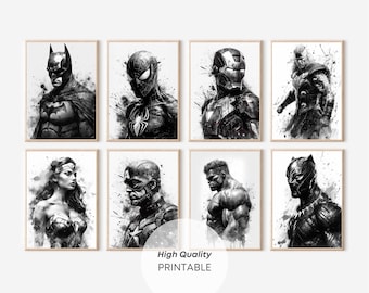 Set Of 8 Superhero Wall Art Prints Black White Watercolor Boys Room Decor Nursery Art Kids Bedroom Decoration Action Hero Poster Collection