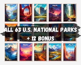 Los 63 + 12 BONUS Ilustraciones de acuarela Parque Nacional Estados Unidos, Regalo, Decoración de la pared del cartel, Descarga digital instantánea