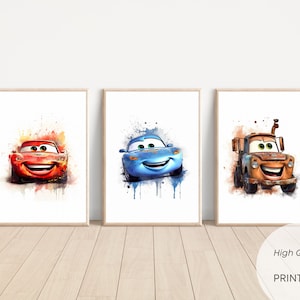 3 Ilustraciones en Acuarela Flash Mcqueen Cars, Habitación Infantil o Regalo, Decoración de Pared de Póster, Descarga Digital Instantánea