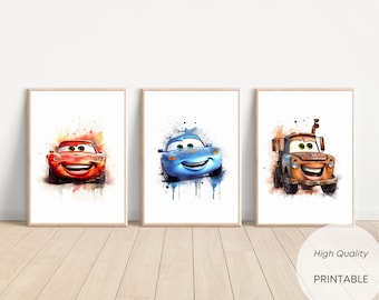 3 pôsteres do filme Carros do Relâmpago McQueen para decoração de parede, pôsteres para quarto de bebê, clipart digital, pôster da Sally Carrera, Tom e Mate