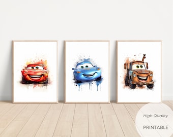 3 Illustrations Aquarelles Flash Mcqueen Cars, Chambre d'Enfant ou Cadeau, Poster Décoration Murale, Téléchargement Numérique Instantané