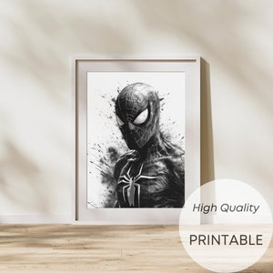 Ilustración acuarela en blanco y negro Marvel Superhéroes, decoración de la pared del cartel, descarga digital instantánea