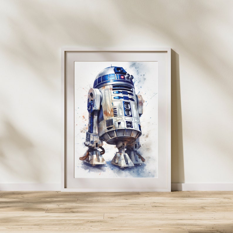 May include: A watercolor painting of R2-D2, a fictional robot character from the Star Wars franchise. The robot is depicted in a white and blue color scheme with a weathered, distressed look. The background is a light blue watercolor wash with splatters of paint.