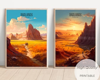 2 Badlands Aquarelles Parc National Etats-Unis, Cadeau, Poster Décoration Murale, Poster Vintage, Téléchargement Numérique