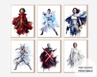 Star Wars Women Poster Set of 6 - Ahsoka Leia Rey Amidala Watercolor Wall Art - Female Jedi Sith - Star Wars Gift - Digital Download