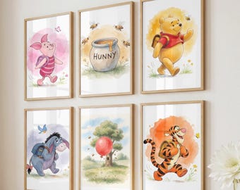 Set of 6 Winnie the Pooh Tigger Piglet Eeyore Wall Art, Nursery Prints Poster Set, Kids Room Decor (Digital Download)