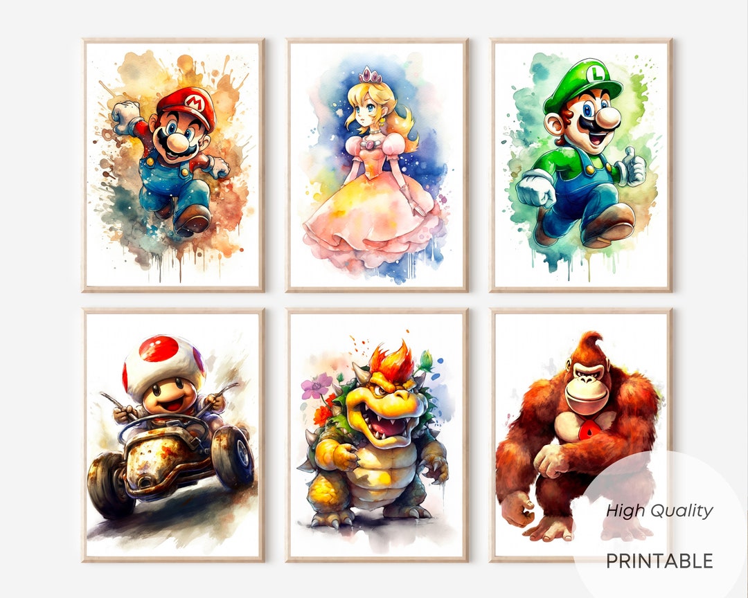 Set of 7 Super Mario PRINTABLE Watercolor Poster, Wall Art Poster  Decoration, Printable Mario Bros., Bowser, Donkey Kong Gift 