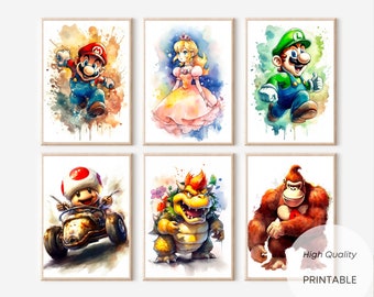 9 Illustrations Aquarelles Super Mario, Chambre d'Enfant ou Cadeau, Poster Décoration Murale, Téléchargement Numérique Instantané