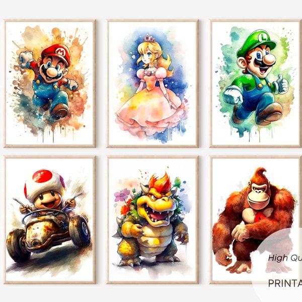 9 Illustrations Aquarelles Super Mario, Chambre d'Enfant ou Cadeau, Poster Décoration Murale, Téléchargement Numérique Instantané