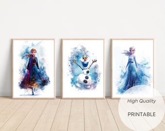 Set Of 3 Drawing Frozen Wall Art Frozen Poster Set Girls Room Decor Nursery Prints Kids Room decoration Princess Elsa Olaf Princess Anna