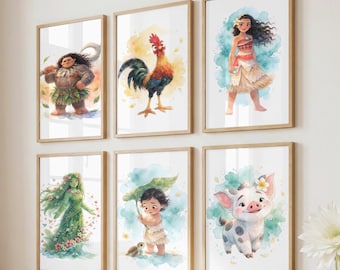Moana Watercolor Set of 8, Moana Poster Prints, Heihei Te Fiti Wall Art, Moana Nursery Decor, Baby Moana Printable (Digital Download)