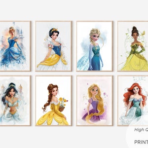 Set of 9 Princess Prints, Fairy Tale Castle, Girl Room Decor, Baby Girl Wall Art, Girl Gift, Watercolor Princess Theme, Digital Download
