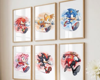 Sonic Watercolor Wall Art Set of 6, Sonic Poster Prints, Sonic Birthday Party Decor, Boys Gamer Room Decor (Digital Download)