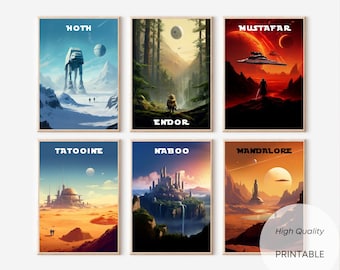 May include: Six Star Wars themed travel posters featuring the names of planets from the Star Wars universe: Hoth, Endor, Mustafar, Tatooine, Naboo, and Mandalore. Each poster depicts a unique landscape and iconic elements from the Star Wars universe.
