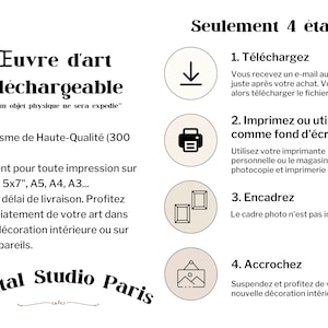 May include: A digital art download illustration with a white background and black text. The text reads "&OElig;uvre d'art t&eacute;l&eacute;chargeable" and "Seulement 4 &eacute;tapes". The illustration shows four steps to download, print, frame, and hang the digital art.